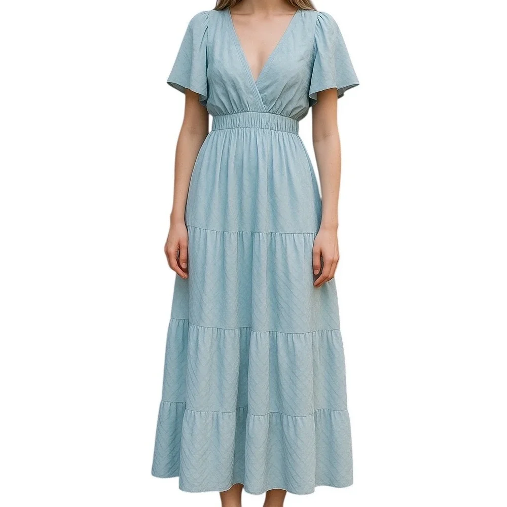 She + Sky Ruffle Sleeve w/ Plunging Neckline Open Back Crepe Blue Maxi Dress 1XL - Picture 1 of 9